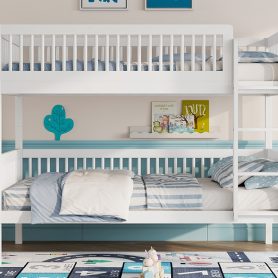 Twin Over Twin Pine Wood Bunk Bed With 2 Drawers, Convertible into 2 Twin Beds