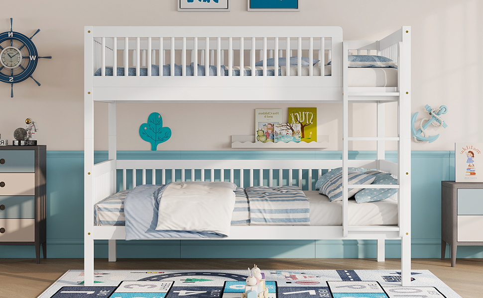 Twin Over Twin Pine Wood Bunk Bed With 2 Drawers, Convertible into 2 Twin Beds
