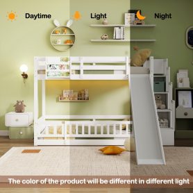 Twin Over Twin Bunk Bed With Slide, Storage Staircase, Bedside Storage Rack, LED Lights