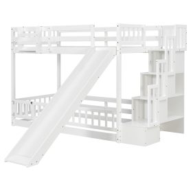 Twin Over Twin Bunk Bed With Slide, Storage Staircase, Bedside Storage Rack, LED Lights