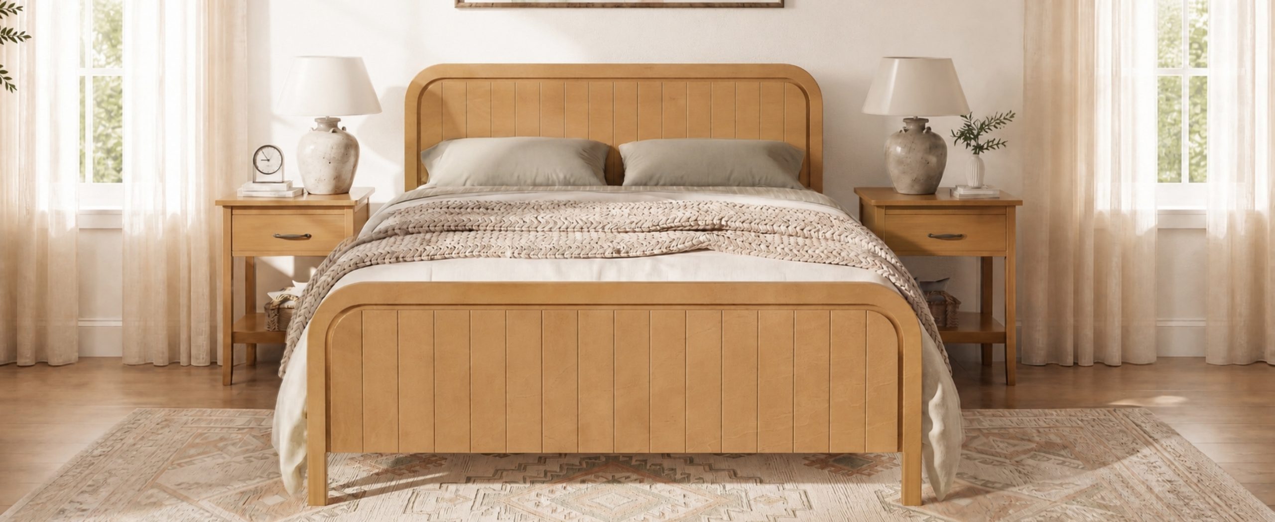 Wood Queen Bed Frame With Headboard, Noise-free Design, No Box Spring Needed