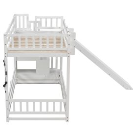 Twin Over Twin Bunk Bed With Slide, Storage Staircase, Bedside Storage Rack, LED Lights