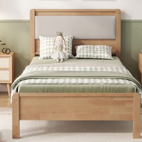 Twin Xl Size Solid Rubber Wooden Bed With Upholstered Headboard