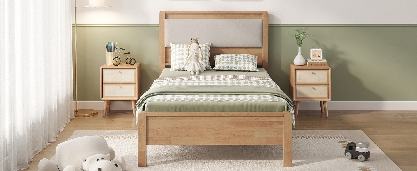 Twin Xl Size Solid Rubber Wooden Bed With Upholstered Headboard