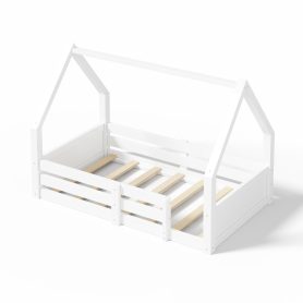 Twin Size House Floor Wooden Bed with House Roof Frame, Fence Guardrails & Grooved Panel Design