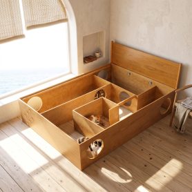 Queen Wood Platform Bed with Removable Headboard, Under-Bed Pet Maze & Private Space, Decorative Footboard, Detachable Slats