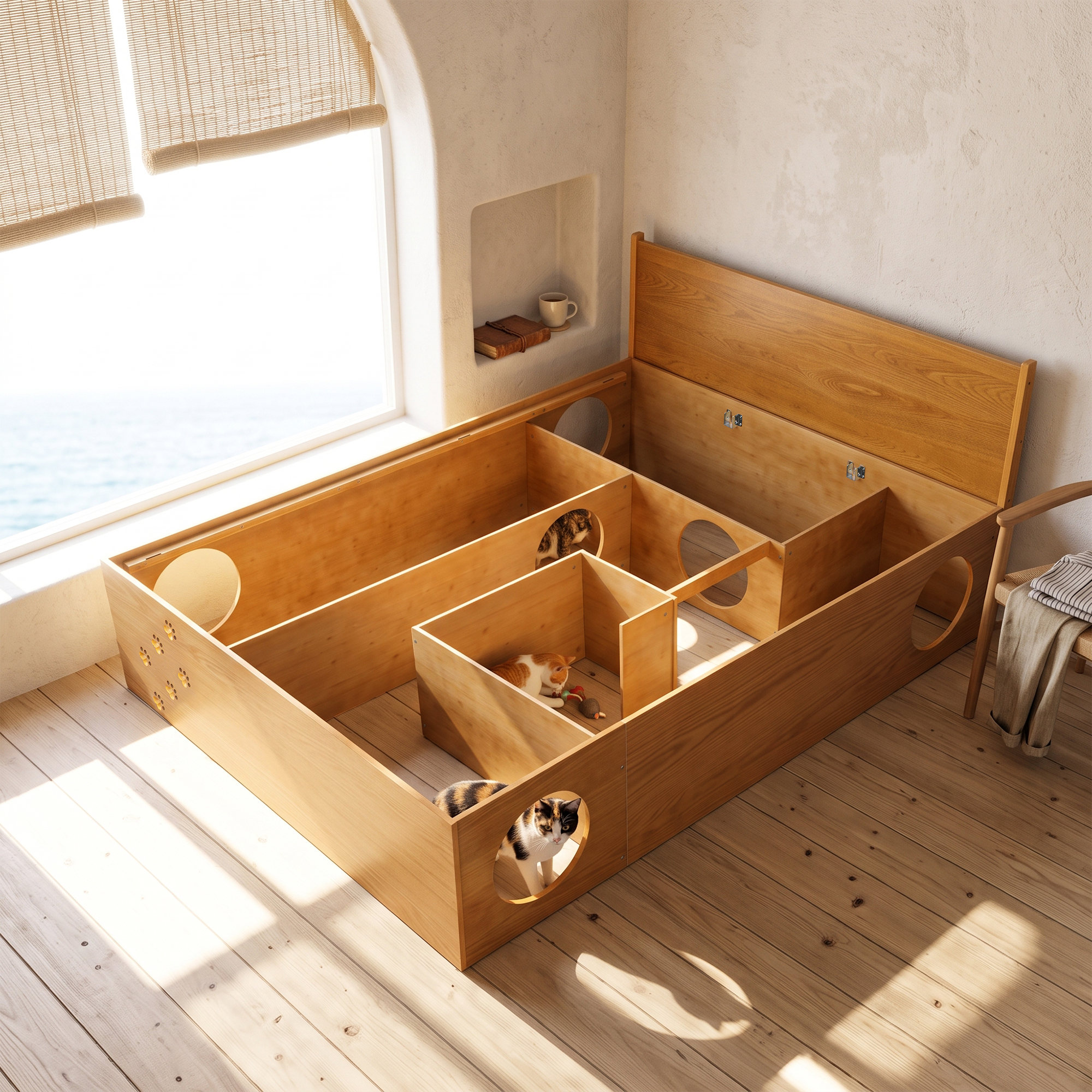 Queen Wood Platform Bed with Removable Headboard, Under-Bed Pet Maze & Private Space, Decorative Footboard, Detachable Slats