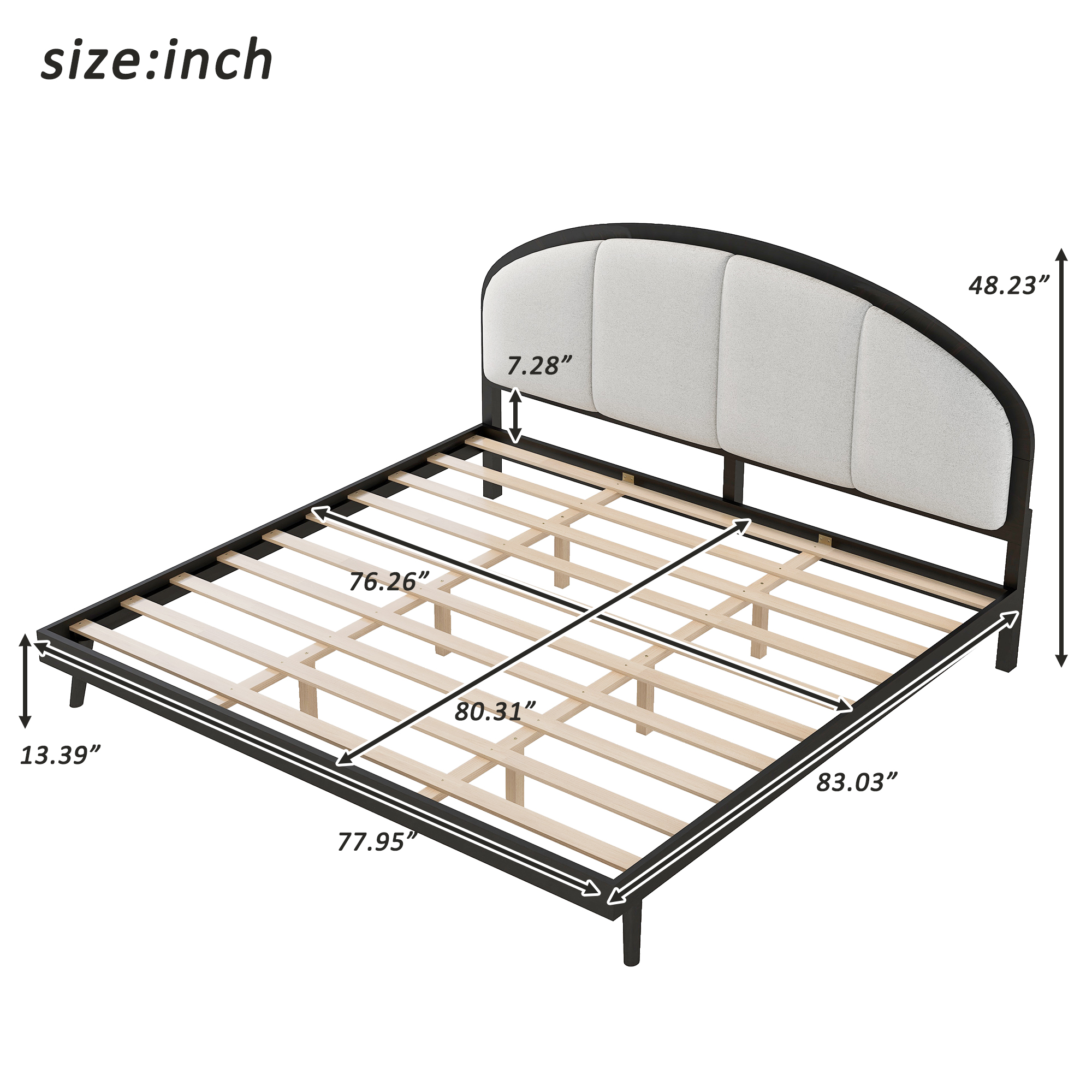 King Size Upholstered Platform Bed Frame With Linen Headboard