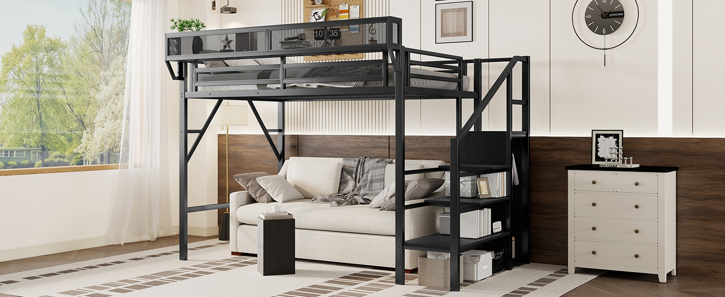 Metal Twin Xl Size Loft Bed With Stairs, Storage Shelves and Wardrobe