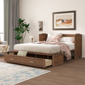 Pine Wood Cabinet Bed with Charging Station and Ripple Decoration Panels