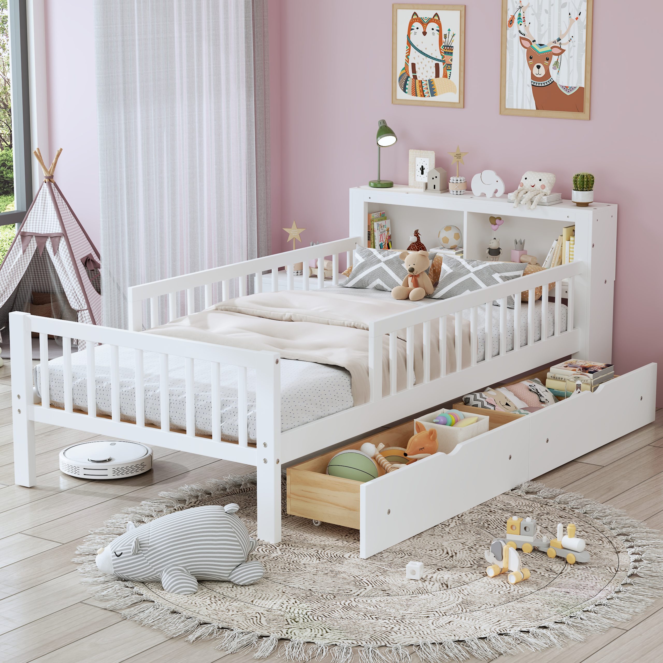 Twin Size Bed with Headboard Storage Rack, Two Under-Bed Drawers, Three-Side Guardrails for Safety and Securit