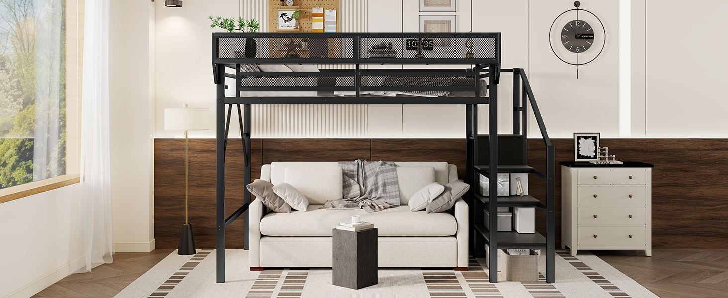 Metal Twin Xl Size Loft Bed With Stairs, Storage Shelves and Wardrobe