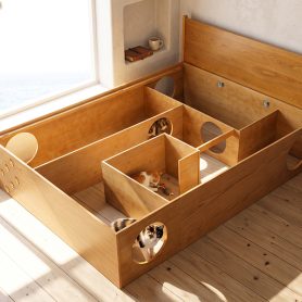 Queen Wood Platform Bed with Removable Headboard, Under-Bed Pet Maze & Private Space, Decorative Footboard, Detachable Slats