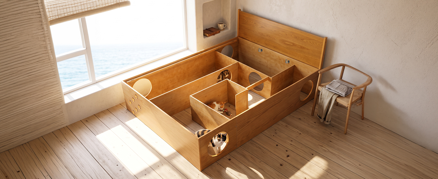 Queen Wood Platform Bed with Removable Headboard, Under-Bed Pet Maze & Private Space, Decorative Footboard, Detachable Slats