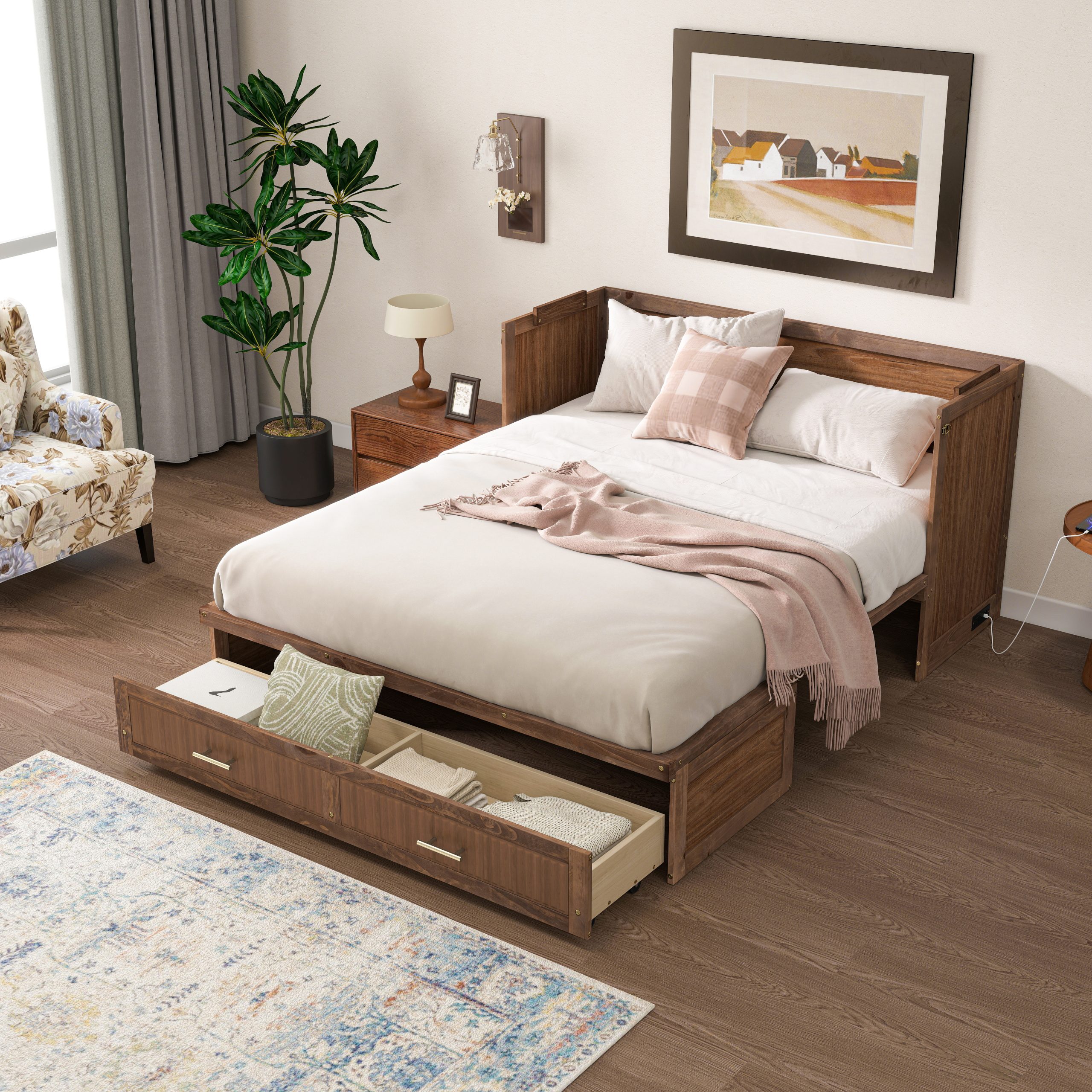 Pine Wood Cabinet Bed with Charging Station and Ripple Decoration Panels