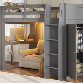 Full Size High Loft Bed with Built-in Desk, LED Lights, Storage Shelves & Double Door Wardrobe Closet