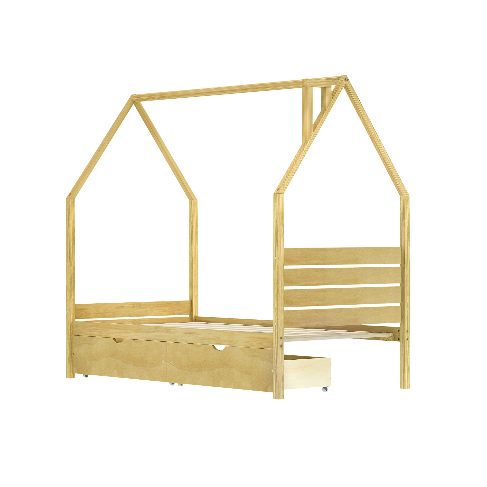 Wood House Shape Twin Montessori Bed with 2 Storage Drawers