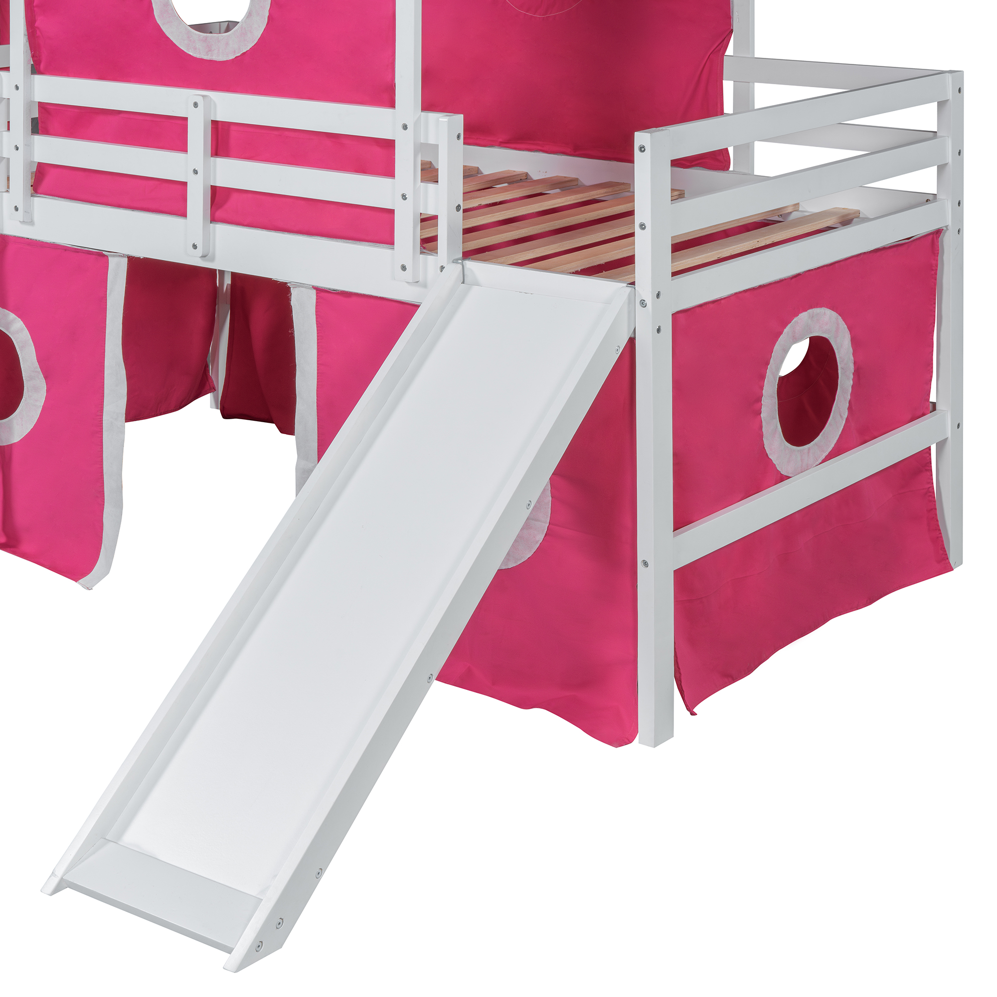 Solid Wood Twin Size Loft Bed With Slide Pink Tent And Tower
