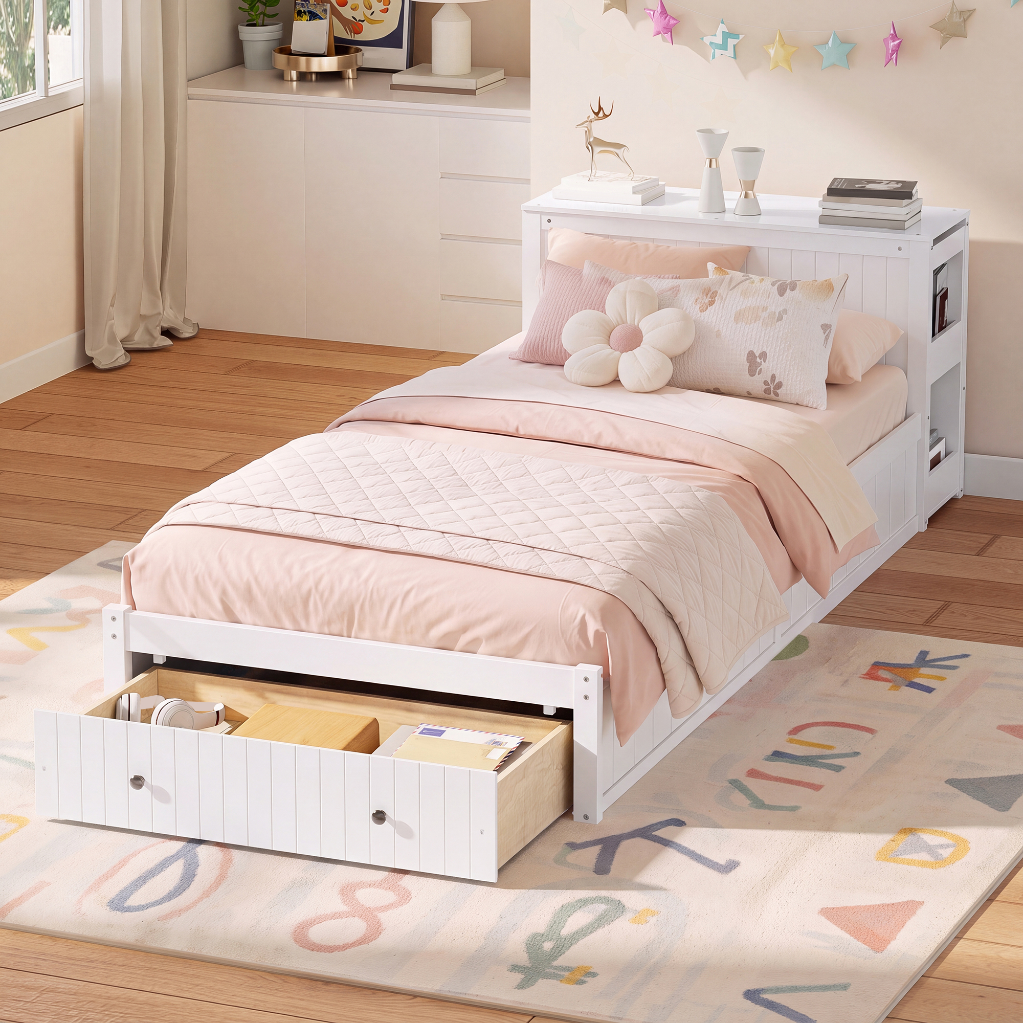 Twin Wood Bed Frame with wide Headboard, Footboard Drawers & Side Shelves