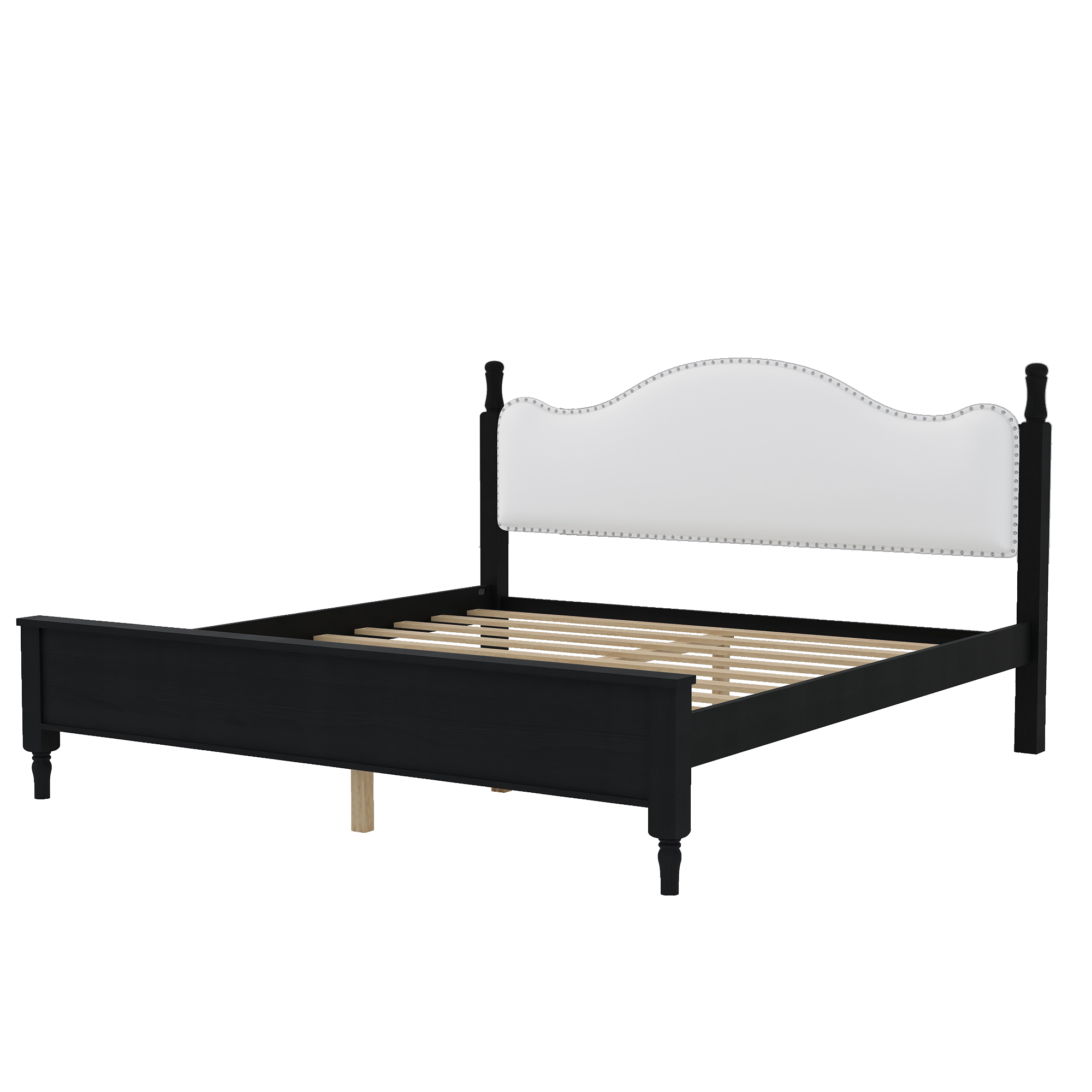 King Size Wood Platform Bed with Upholstered Headboard