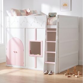 Full Size House Loft Bed with Double Doors & Window
