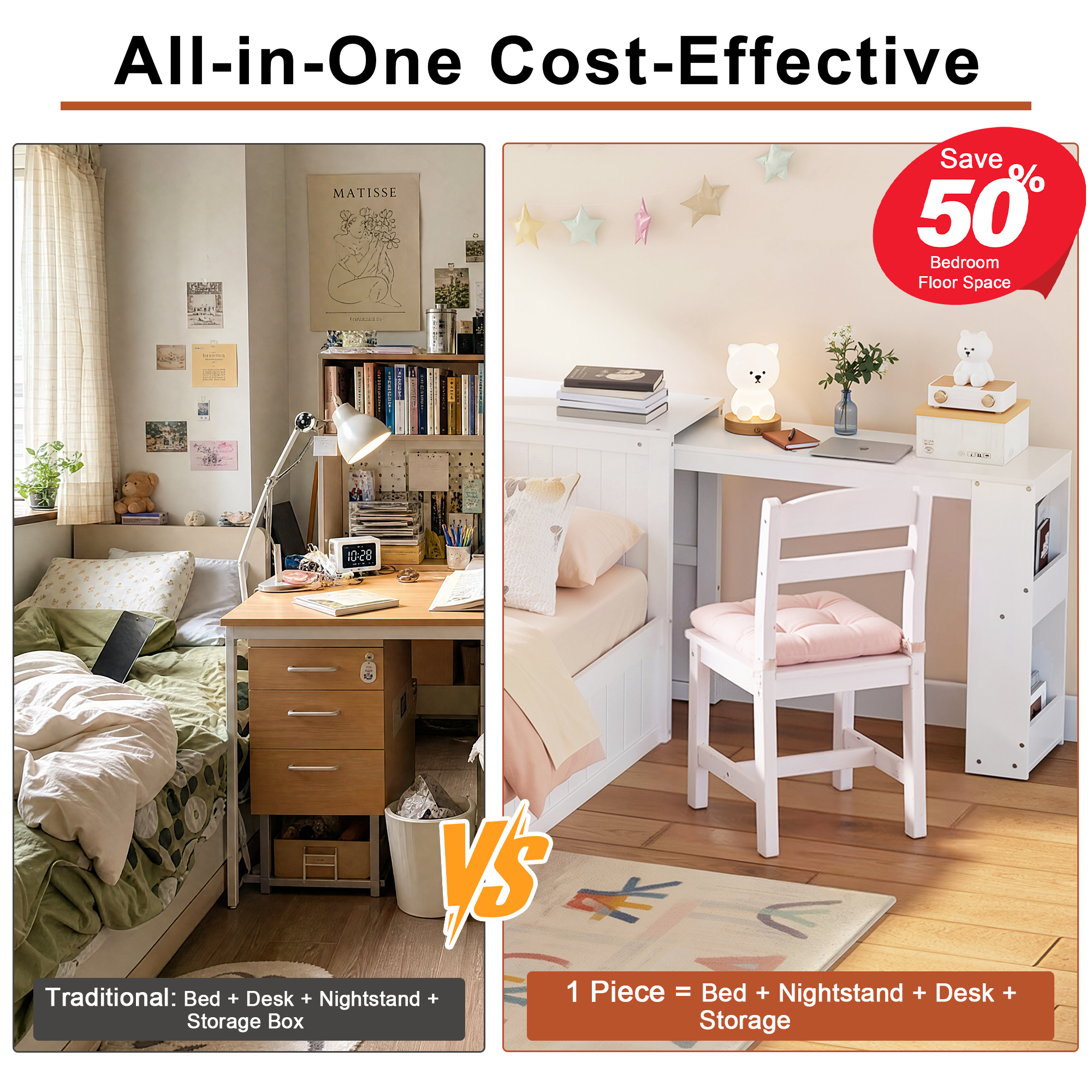 Twin Wood Bed Frame with wide Headboard, Footboard Drawers & Side Shelves