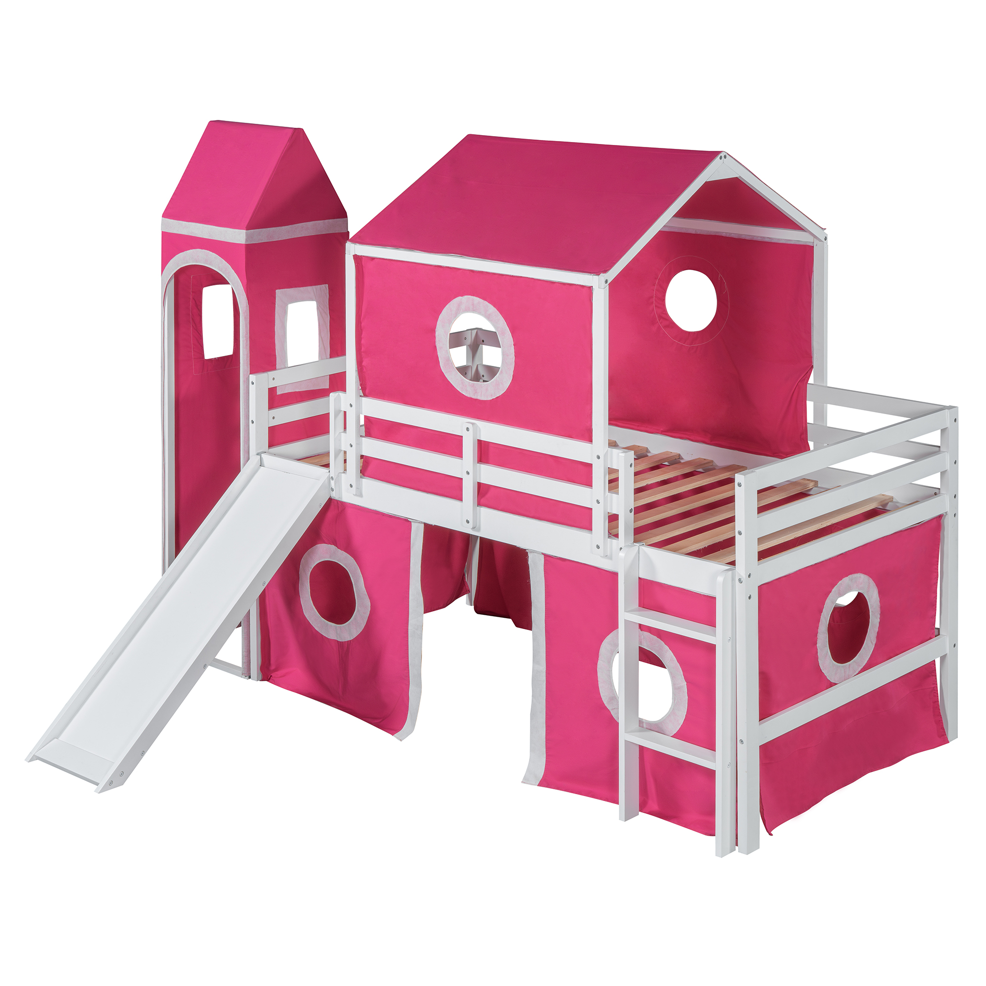 Solid Wood Twin Size Loft Bed With Slide Pink Tent And Tower
