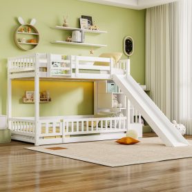 Twin Over Twin Bunk Bed With Slide, Storage Staircase, Bedside Storage Rack, LED Lights