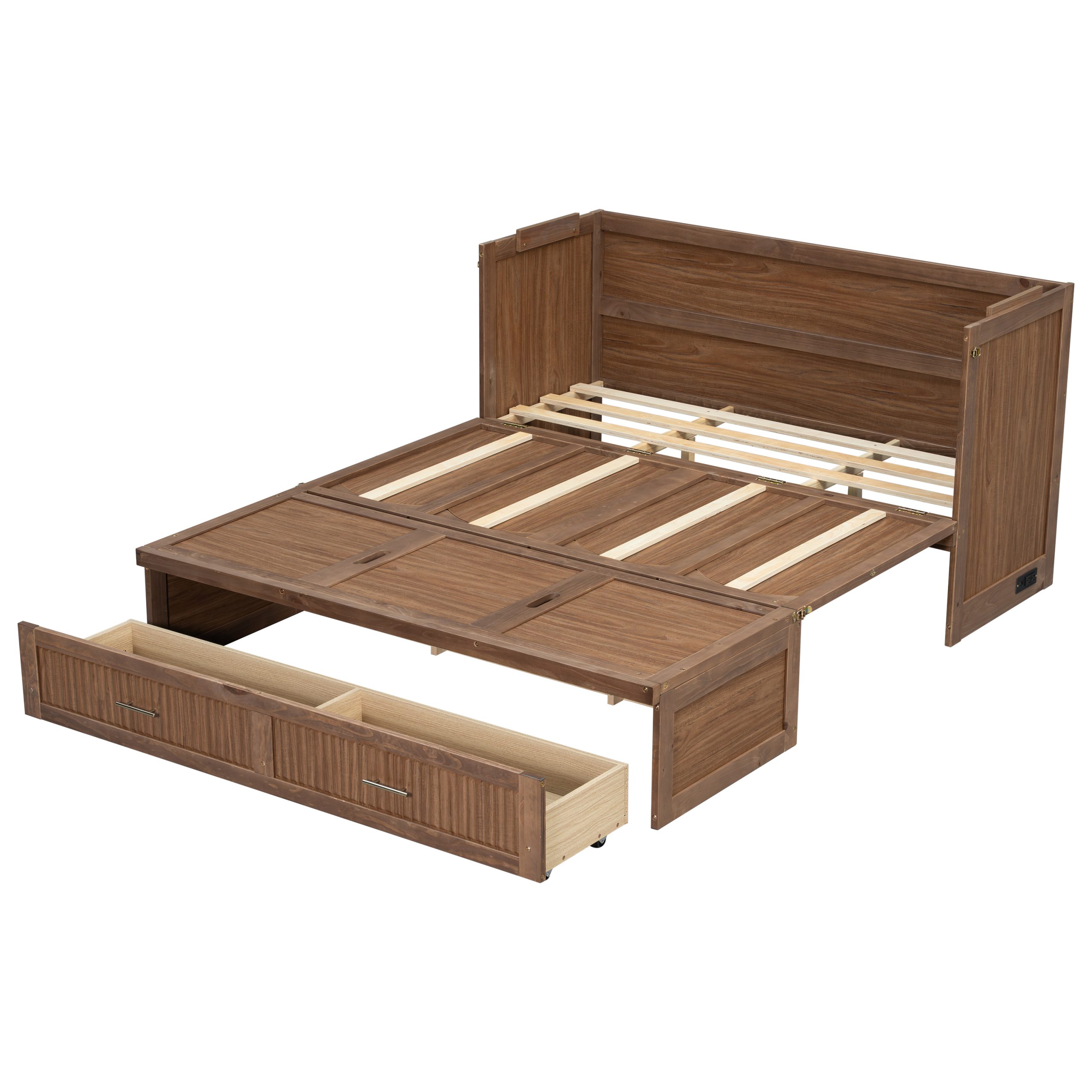 Pine Wood Cabinet Bed with Charging Station and Ripple Decoration Panels