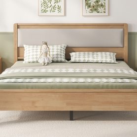 Queen Size Solid Rubber Wooden Bed With Upholstered Headboard