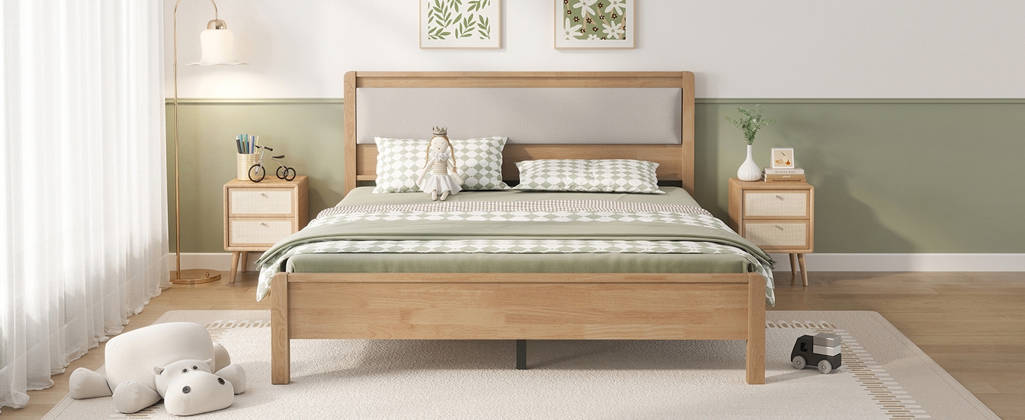 Queen Size Solid Rubber Wooden Bed With Upholstered Headboard