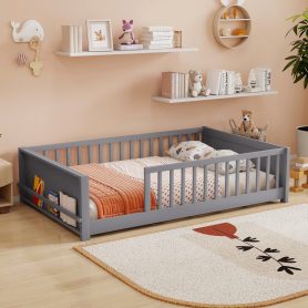 Full Size Rubber Wood Floor Bed with Guardrails, Built-in Book Rack