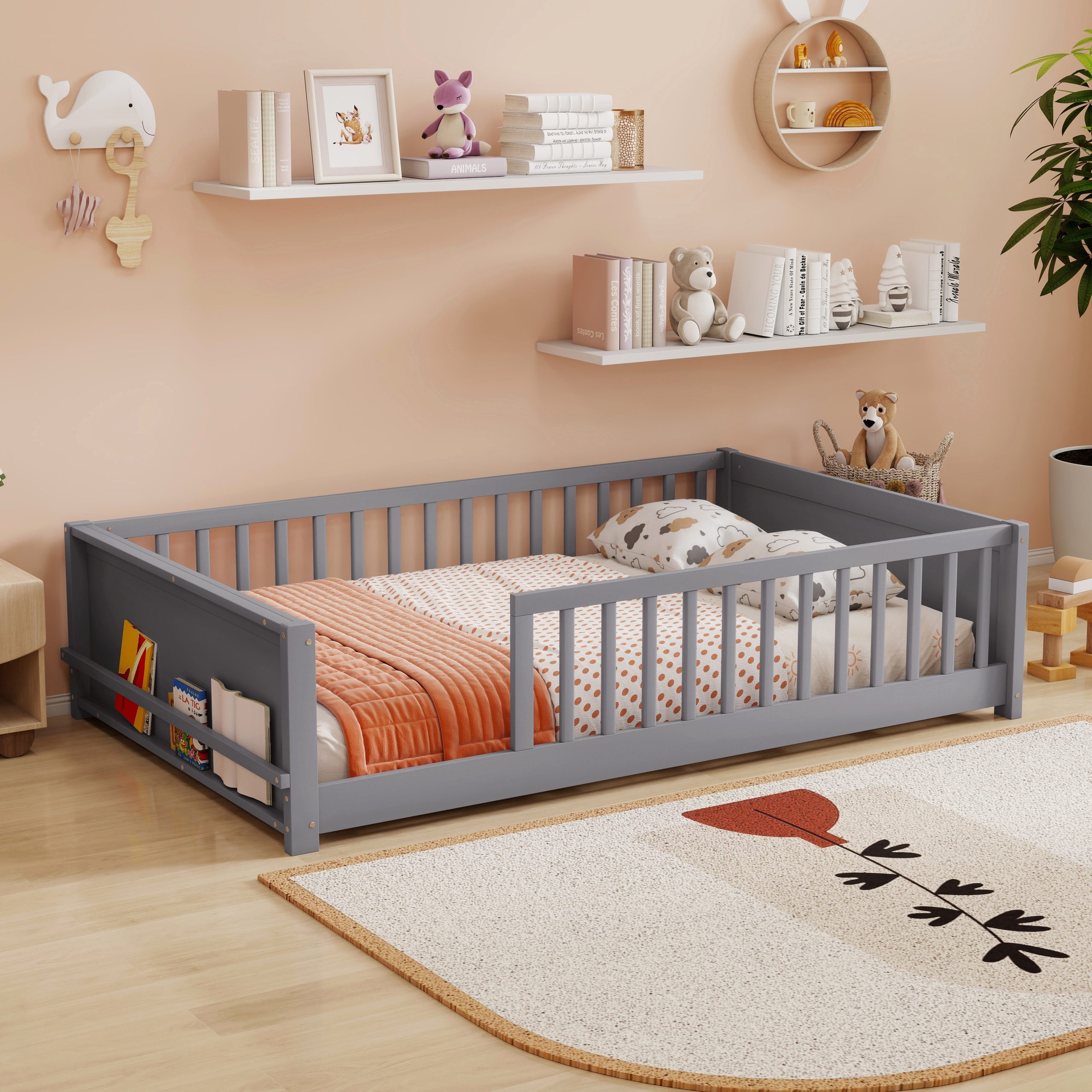 Full Size Rubber Wood Floor Bed with Guardrails, Built-in Book Rack
