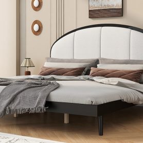 King Size Upholstered Platform Bed Frame With Linen Headboard