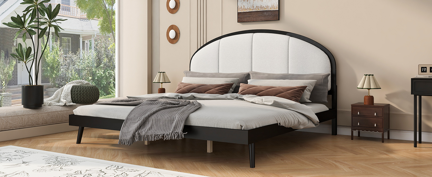 King Size Upholstered Platform Bed Frame With Linen Headboard