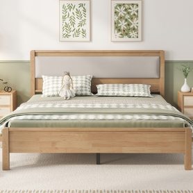 Queen Size Solid Rubber Wooden Bed With Upholstered Headboard