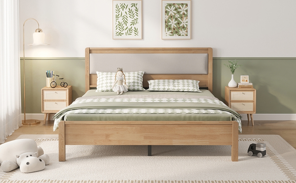 Queen Size Solid Rubber Wooden Bed With Upholstered Headboard