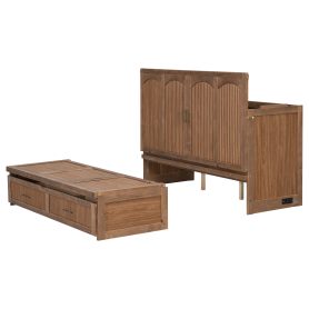 Pine Wood Cabinet Bed with Charging Station and Ripple Decoration Panels