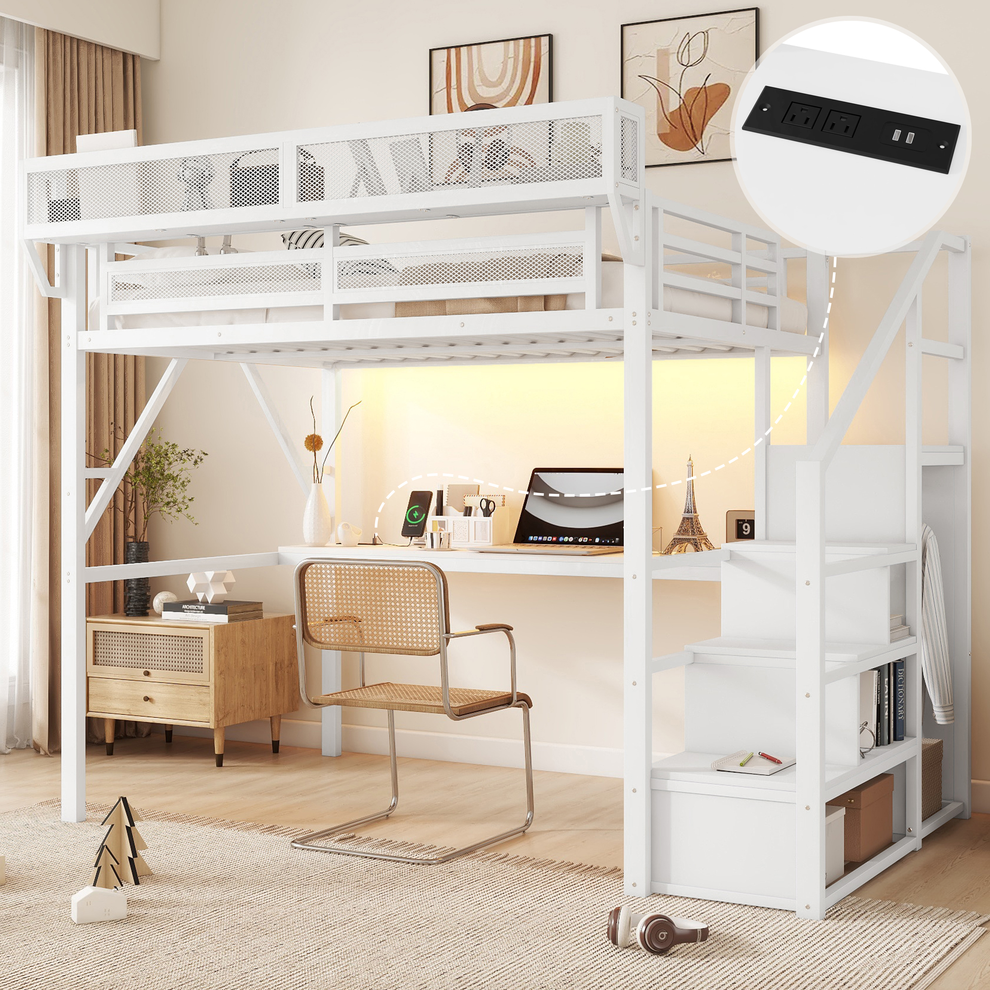 Metal Full Loft Bed With Desk, Charging Station, Stairs And Light