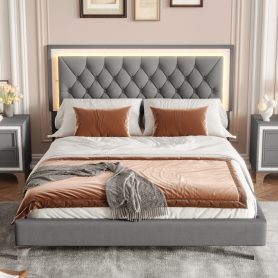 Queen Size Upholstered Bed Frame With LED Lights