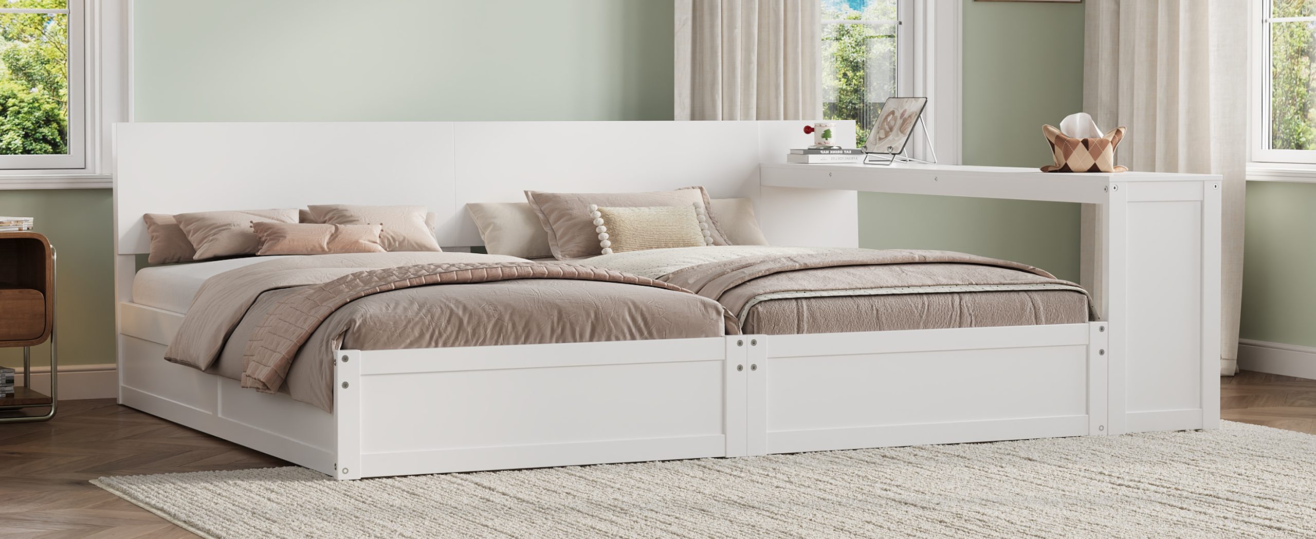 Twin Platform Bed Frame Set with Adjustable Storage Desk