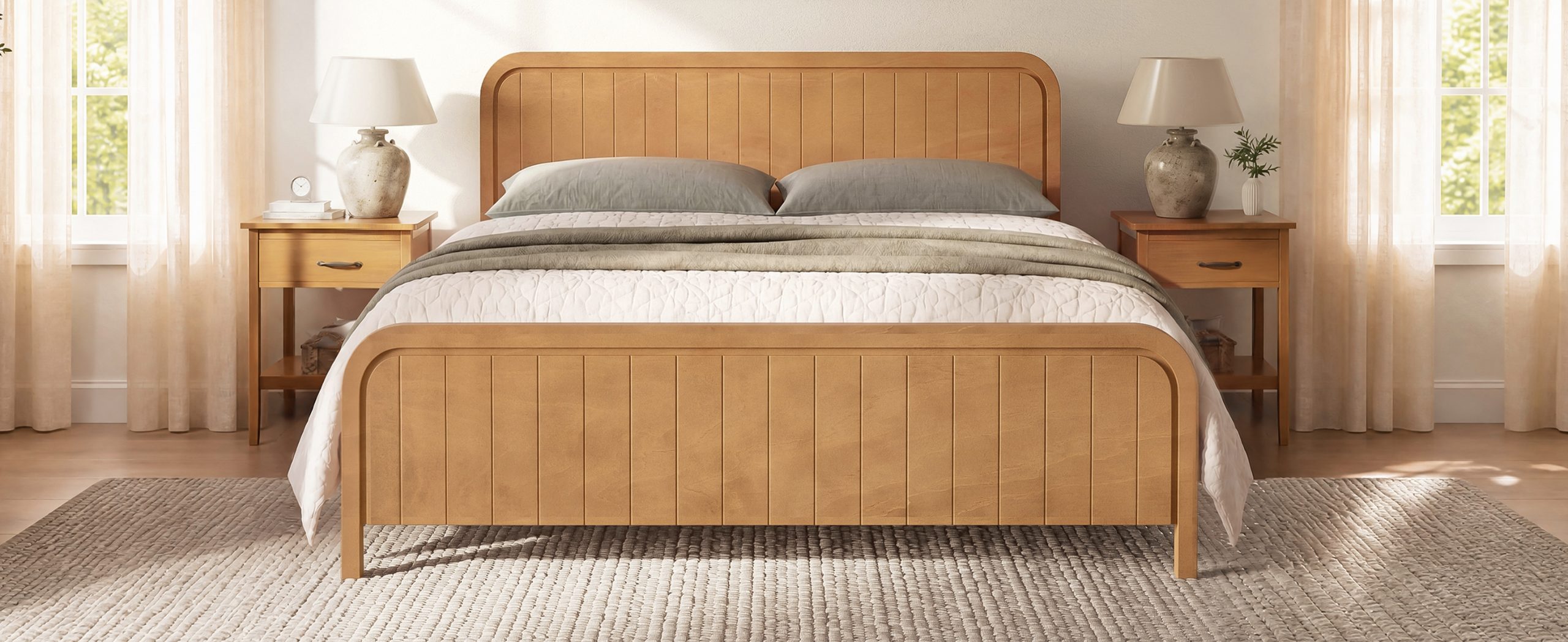 Wood King Bed Frame With Headboard, Noise-free Design, No Box Spring Needed