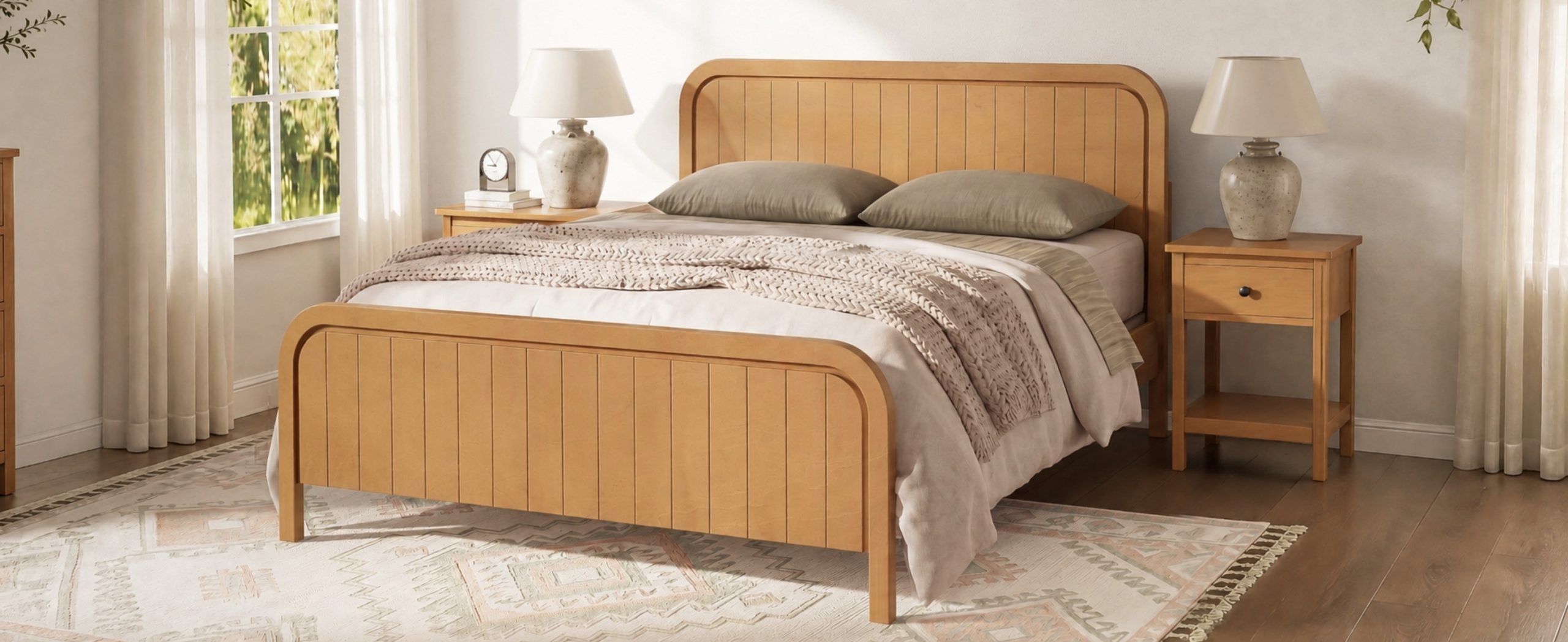 Wood Queen Bed Frame With Headboard, Noise-free Design, No Box Spring Needed
