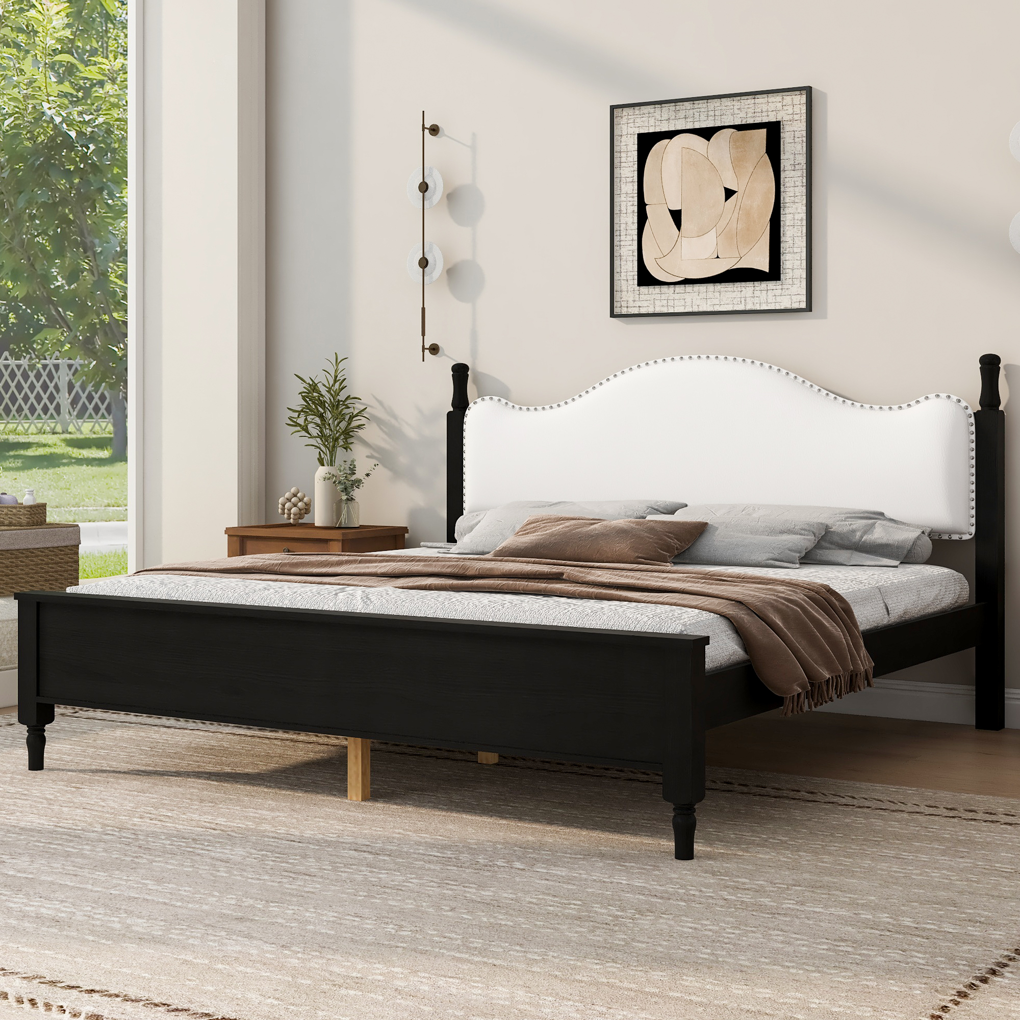 King Size Wood Platform Bed with Upholstered Headboard