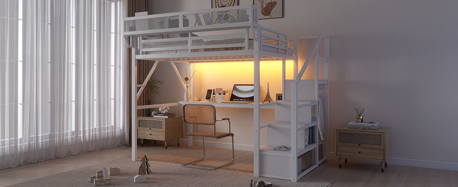 Metal Full Loft Bed With Desk, Charging Station, Stairs And Light