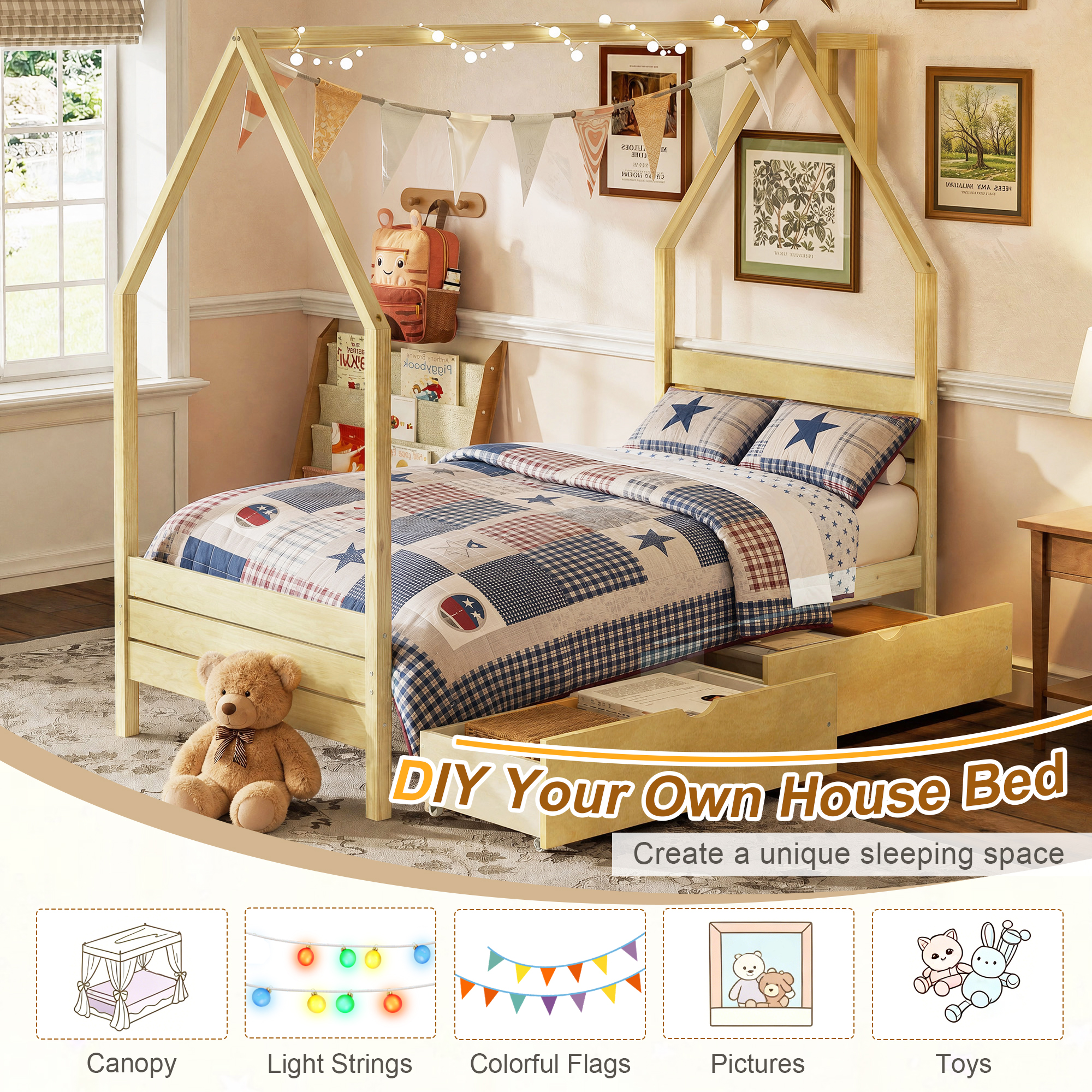 Wood House Shape Twin Montessori Bed with 2 Storage Drawers
