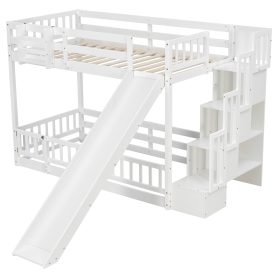 Twin Over Twin Bunk Bed With Slide, Storage Staircase, Bedside Storage Rack, LED Lights