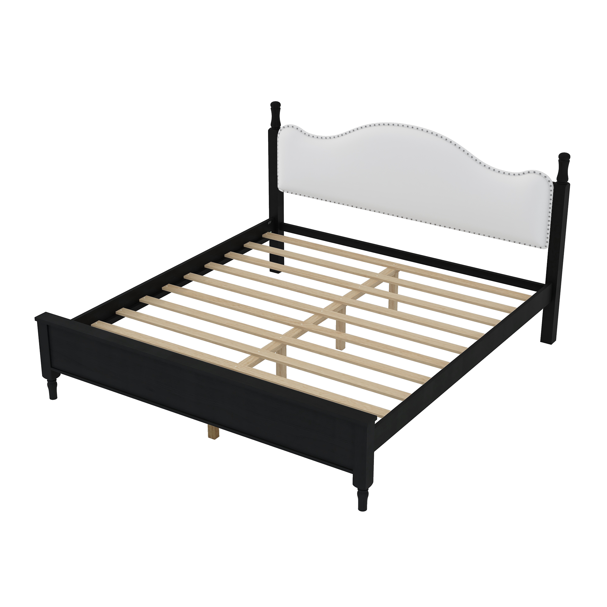 King Size Wood Platform Bed with Upholstered Headboard