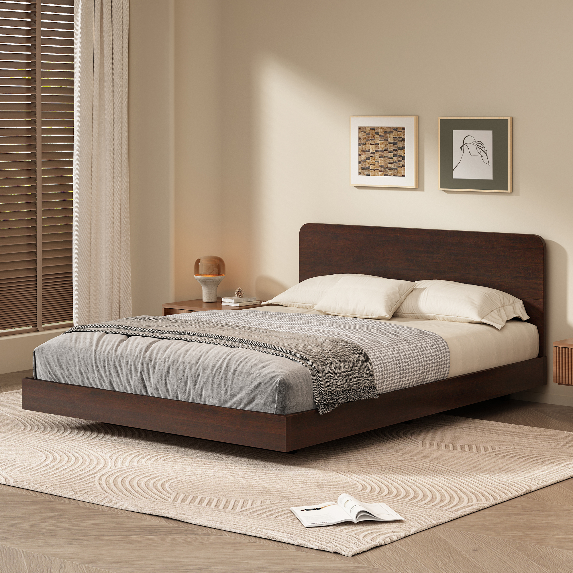 Full Size Solid Bamboo Floating Platform Bed Frame