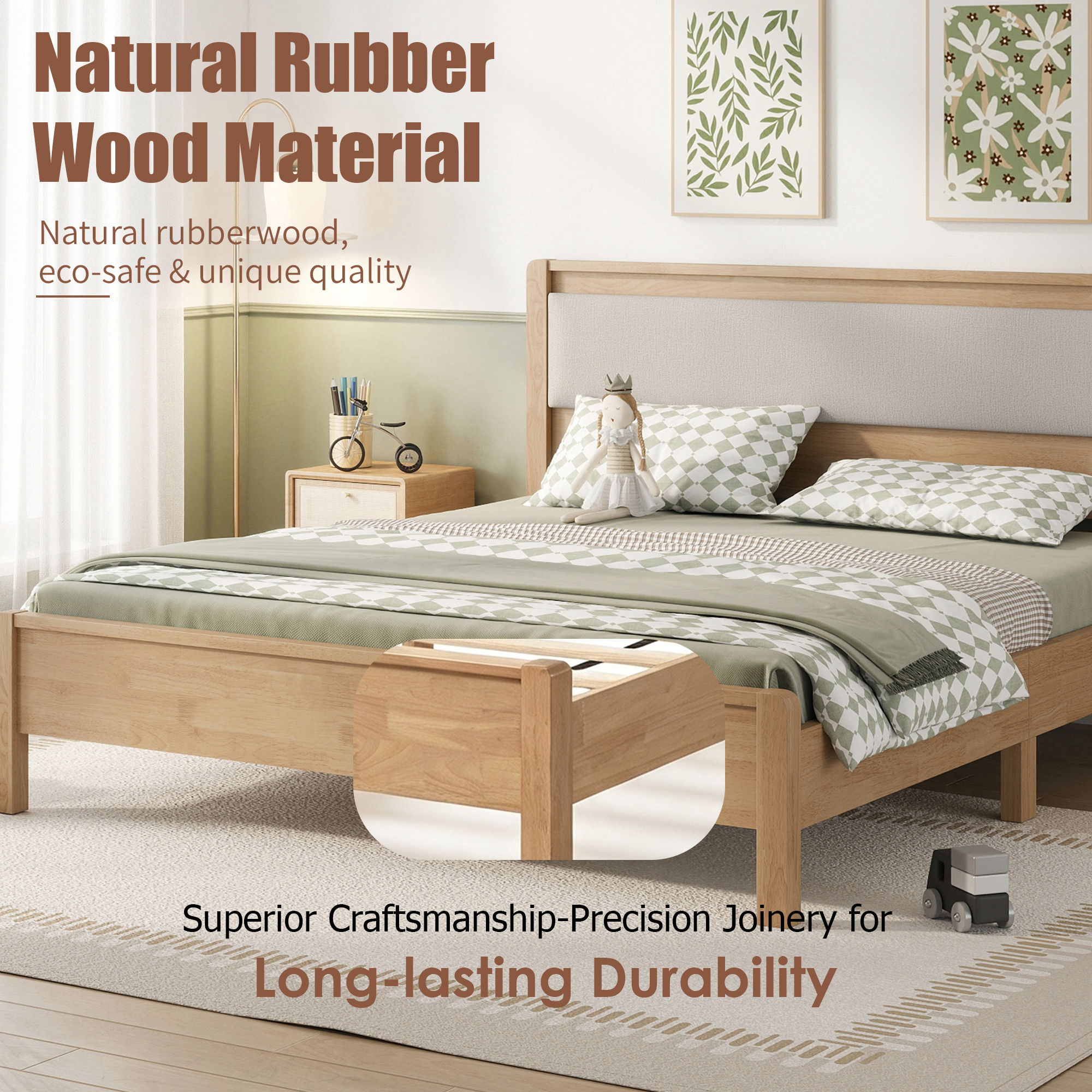 Queen Size Solid Rubber Wooden Bed With Upholstered Headboard